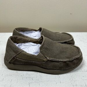 Crocs~Kids Boy Girl J1~Santa Cruz~Loafer Shoes~Brown Khaki~Canvas~Slip On~Boat